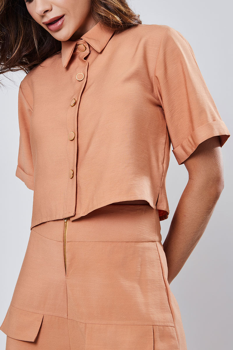 Camisa Manga Curta Texturizada Camel