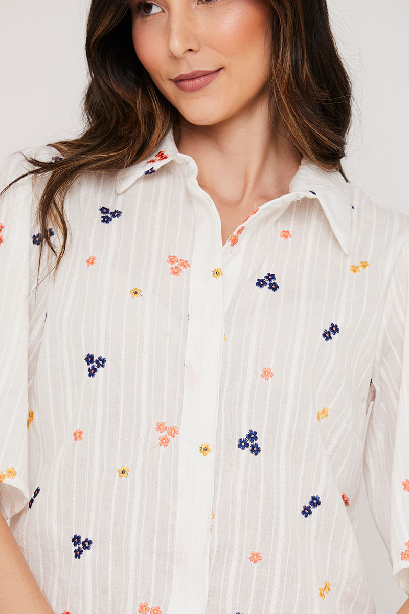 Camisa Manga Curta Algodão Borda Offwhite