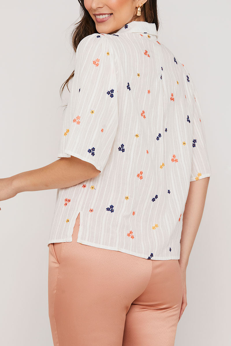 Camisa Manga Curta Algodão Borda Offwhite