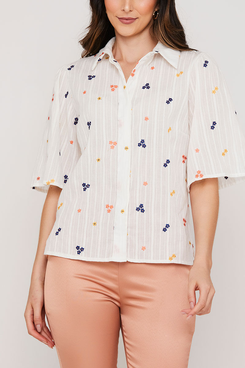 Camisa Manga Curta Algodão Borda Offwhite