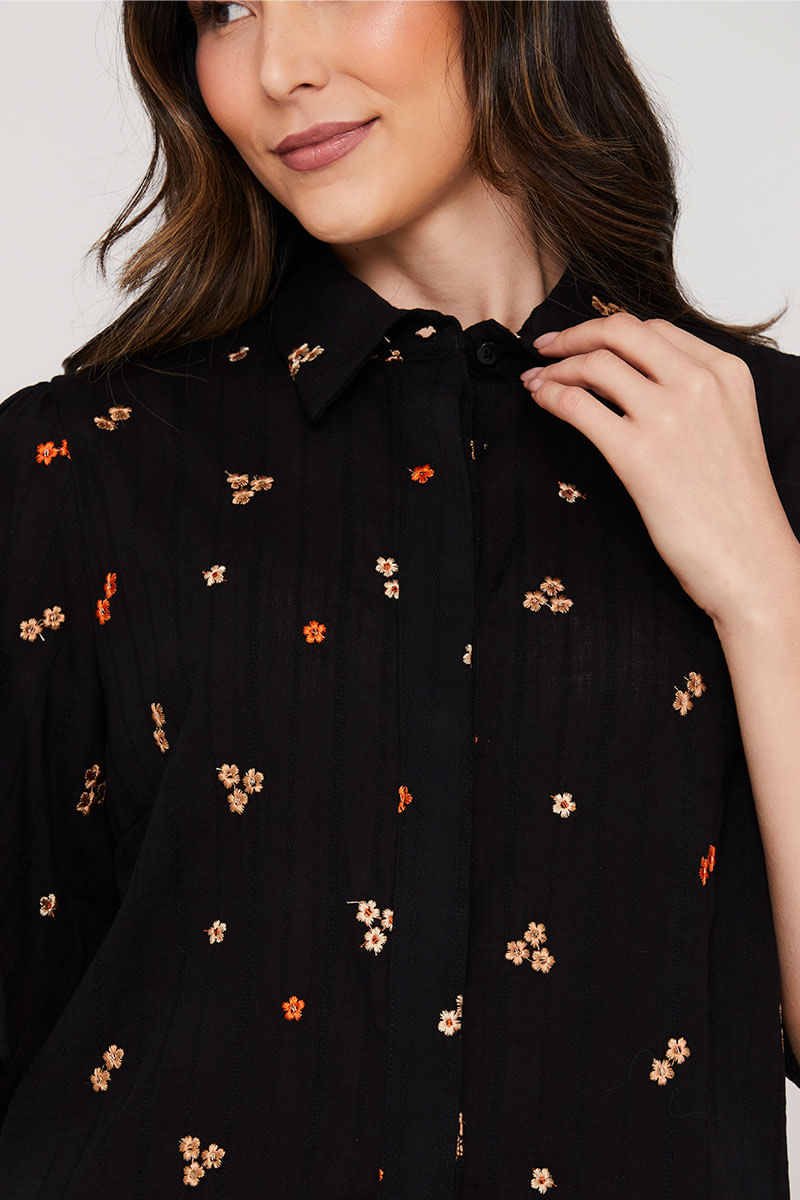 Camisa Manga Curta Algodão Borda Preto