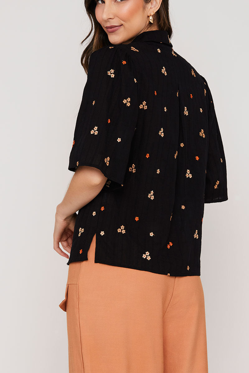 Camisa Manga Curta Algodão Borda Preto