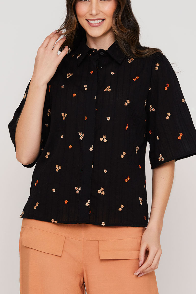Camisa Manga Curta Algodão Borda Preto