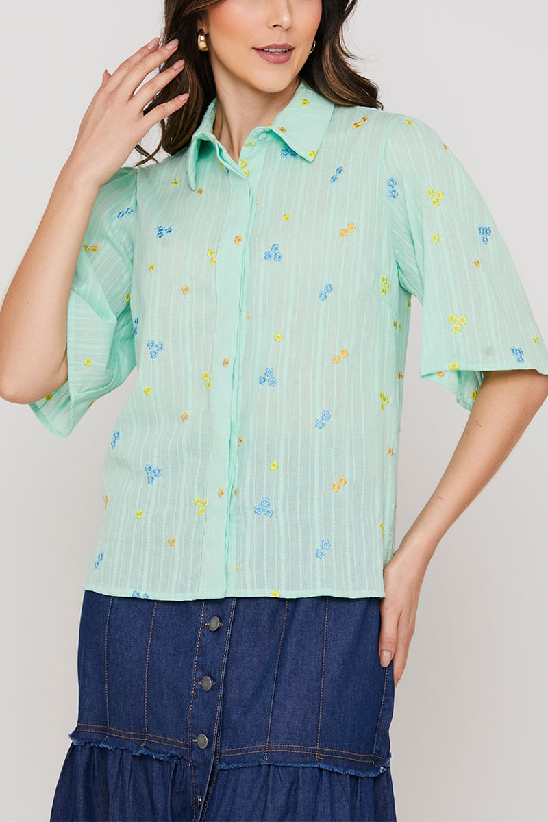 Camisa Manga Curta Algodão Borda Verde