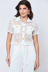 Camisa Renda Manga Curta Botões Metal Offwhite