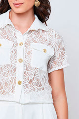Camisa Renda Manga Curta Botões Metal Offwhite