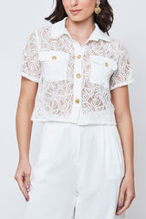 Camisa Renda Manga Curta Botões Metal Offwhite