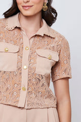 Camisa Renda Manga Curta Botões Metal Areia