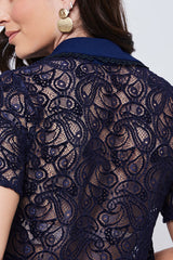 Camisa Renda Manga Curta Botões Metal Azul Marinho