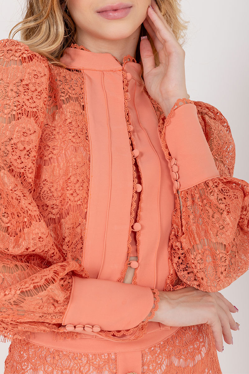 Camisa Renda Manga Longa Coral