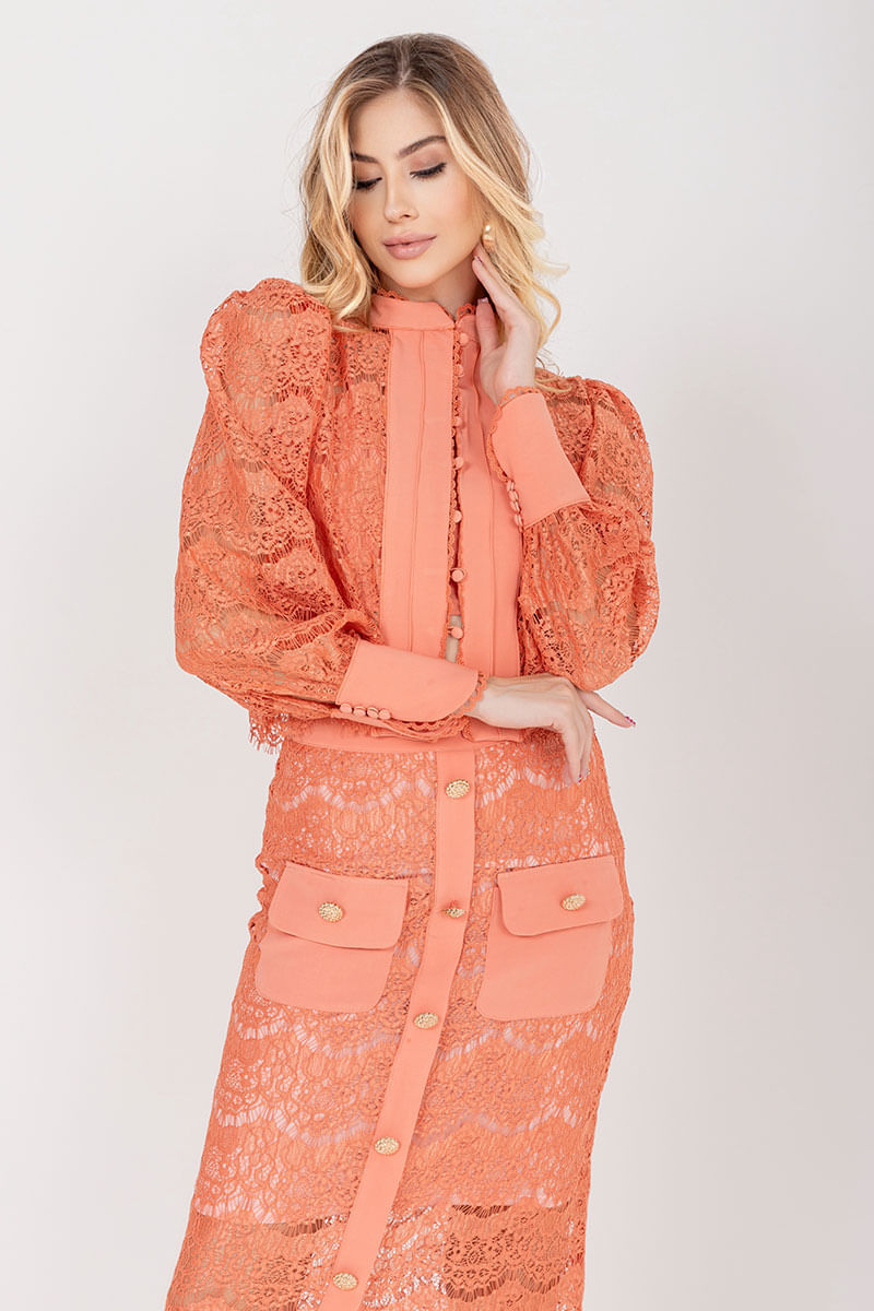 Camisa Renda Manga Longa Coral
