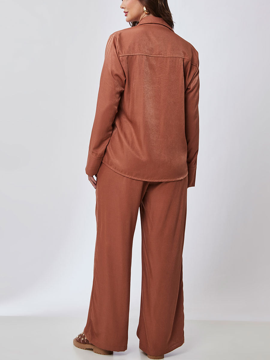 Camisa Acetinada Alongada Camel