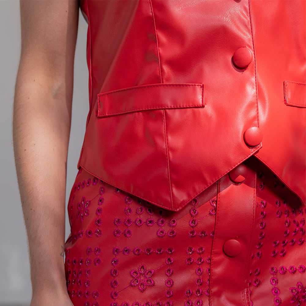 Colete Feminino de Couro Poliuretano  Vermelho