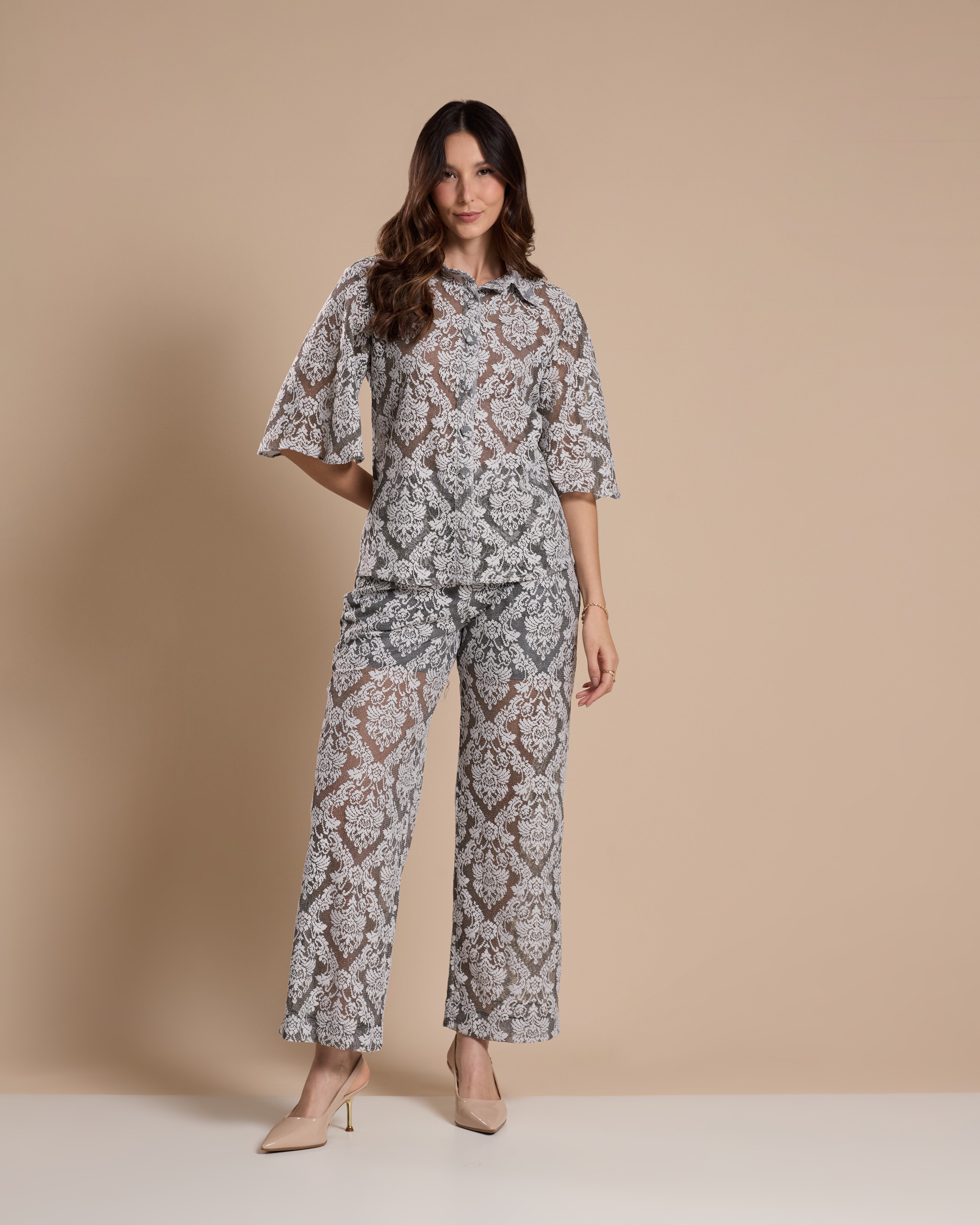 Calça Renda Pantalona Cinza