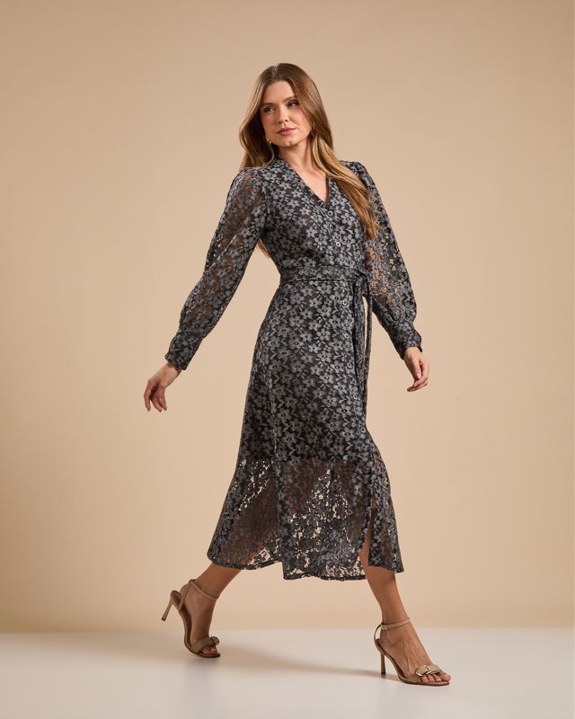Vestido Midi Renda Flowers Preto