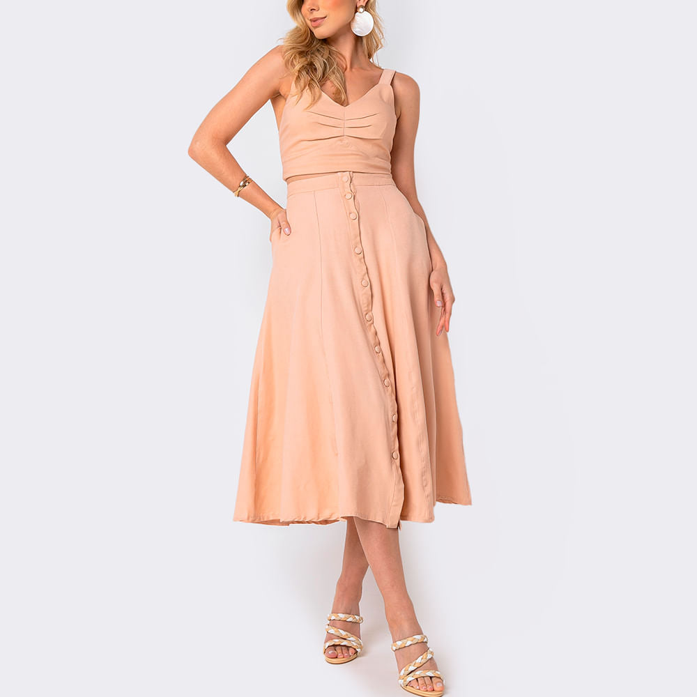 Saia Feminina Midi com Botões Nude