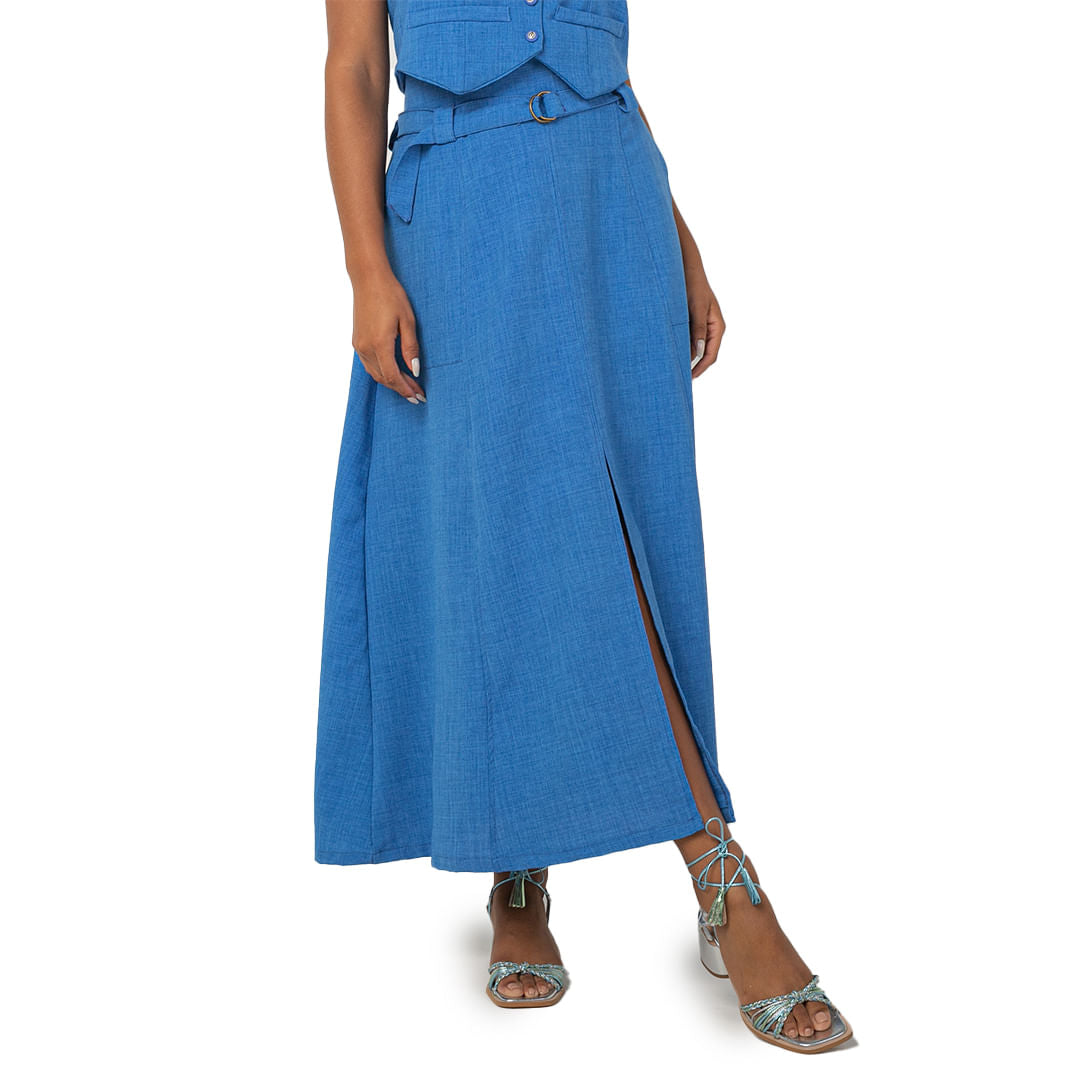 Saia Midi Alongada Linho Azul