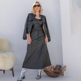 Saia Midi Couro Poliuretano  Preto