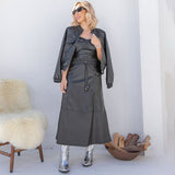 Saia Midi Couro Poliuretano  Preto