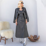 Saia Midi Couro Poliuretano  Preto