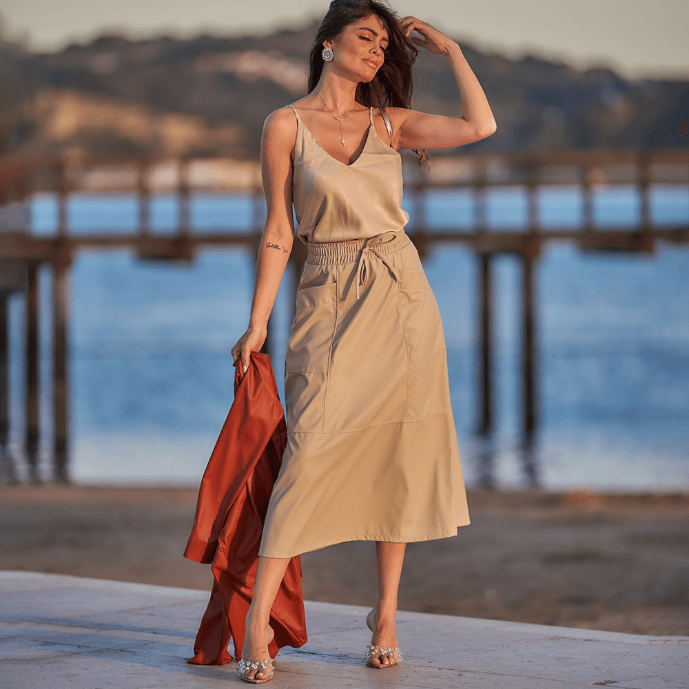 Saia Midi Cós Elástico  Areia