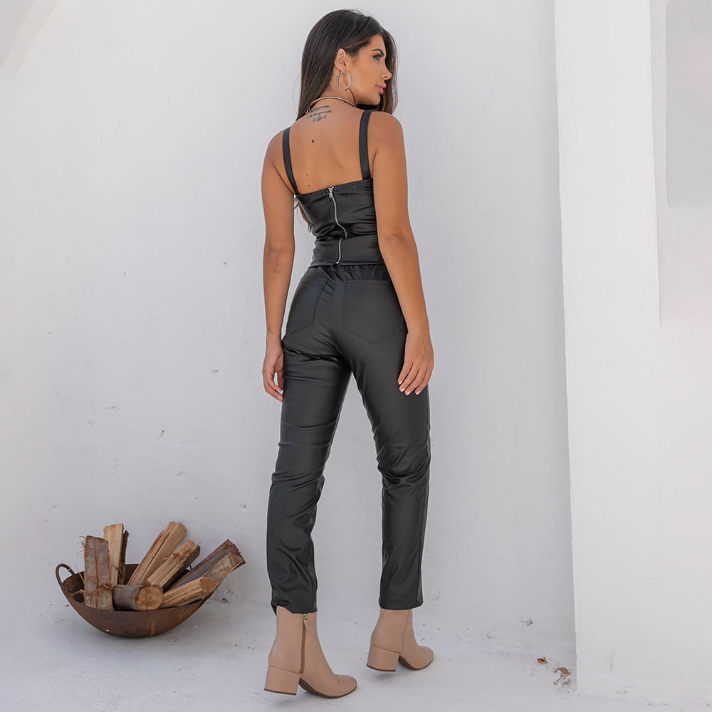 Top Couro Poliuretano Ziper Liso Preto