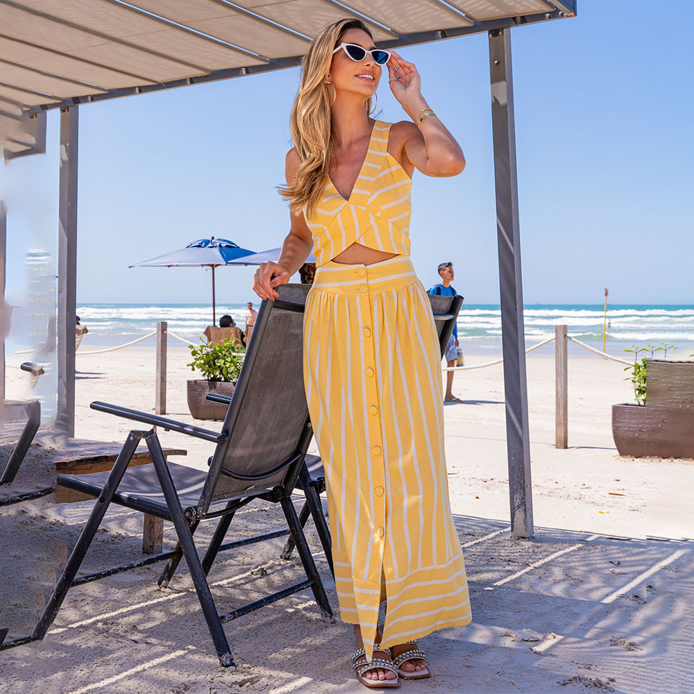 Top Listrado Transpassado com Ziper Amarelo