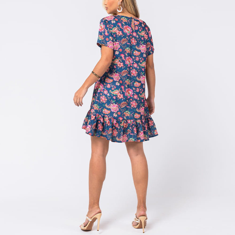 Vestido Crepe com Babado Floral