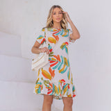 Vestido Crepe Folhagem com Babado Offwhite