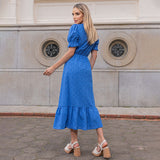 Vestido Manga Curta Rodado Azul
