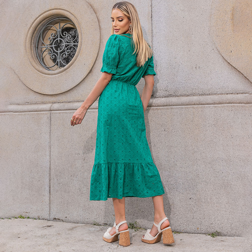 Vestido Manga Curta Rodado Verde
