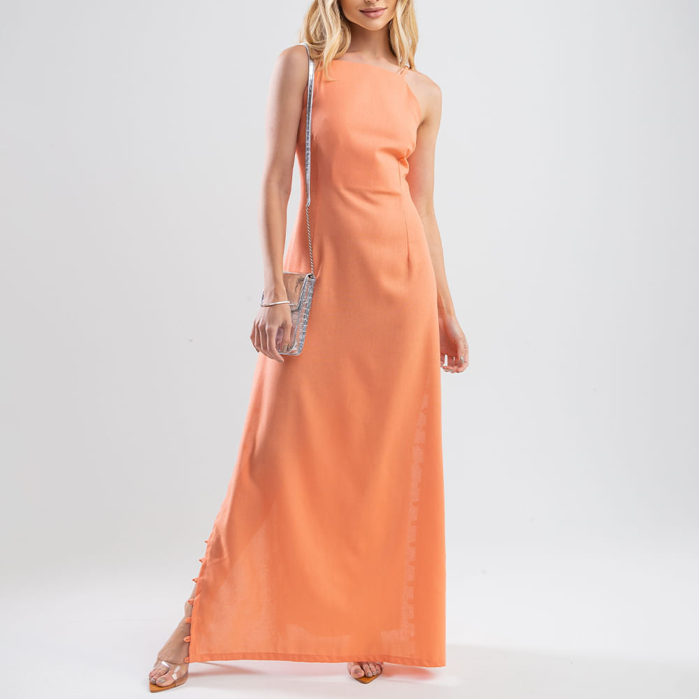 Vestido Longo Midi com Fenda Coral