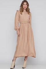 Vestido Longuete Manga Longa Areia