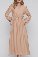 Vestido Longuete Manga Longa Areia