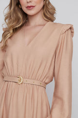 Vestido Longuete Manga Longa Areia