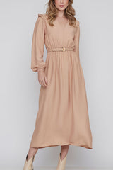 Vestido Longuete Manga Longa Areia