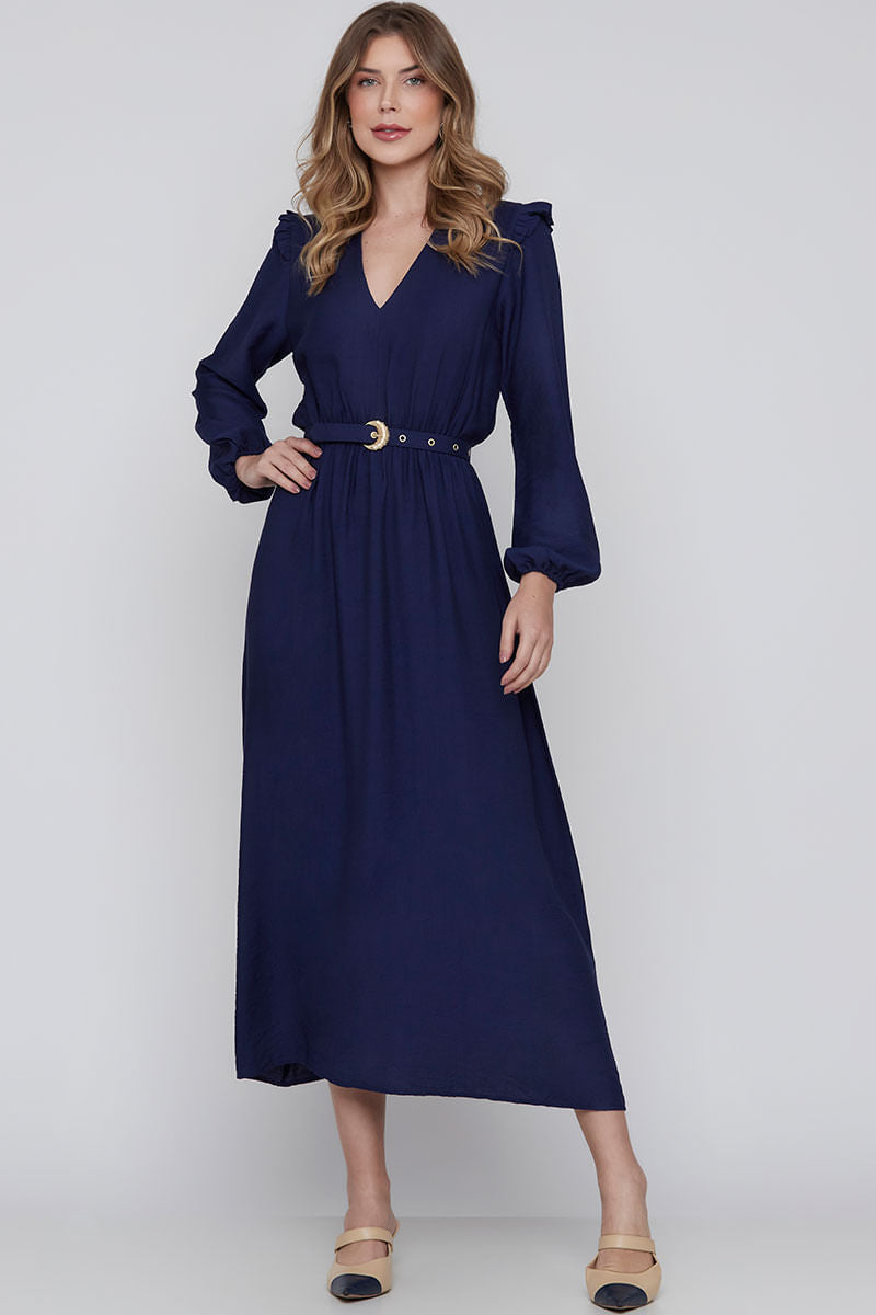 Vestido Longuete Manga Longa Azul Marinho