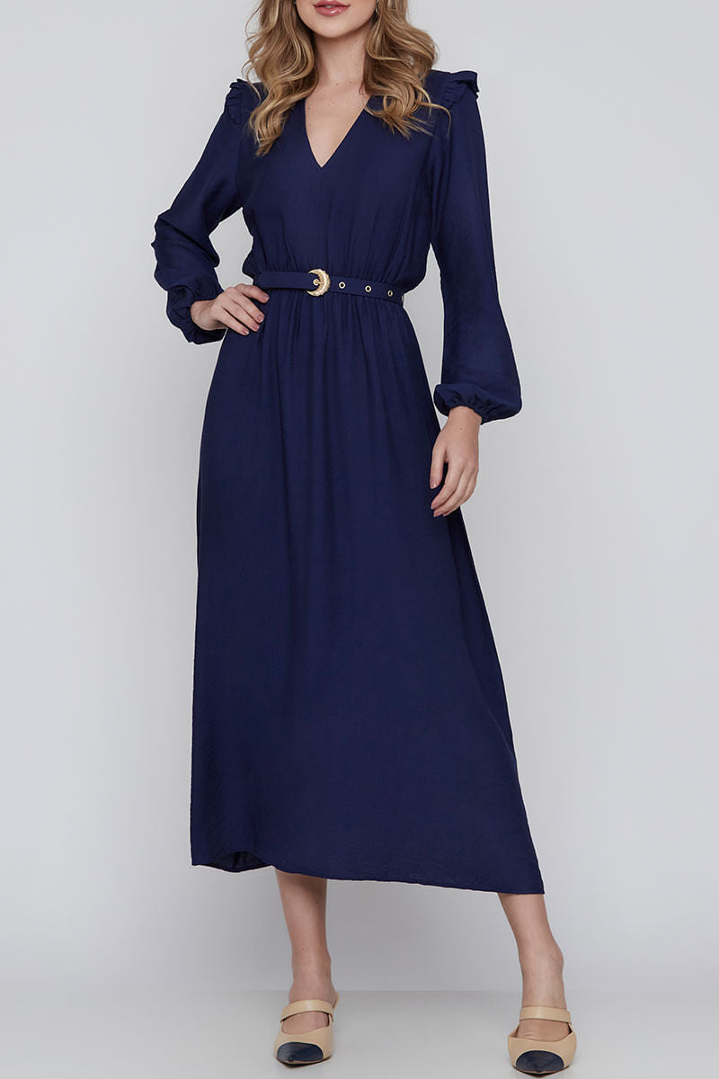 Vestido Longuete Manga Longa Azul Marinho