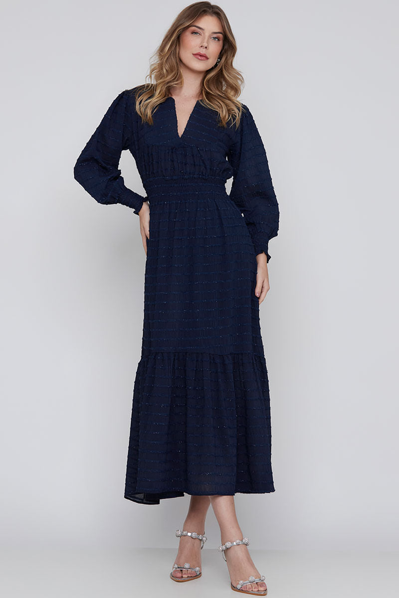 Vestido Decote V Manga Longa Azul Marinho