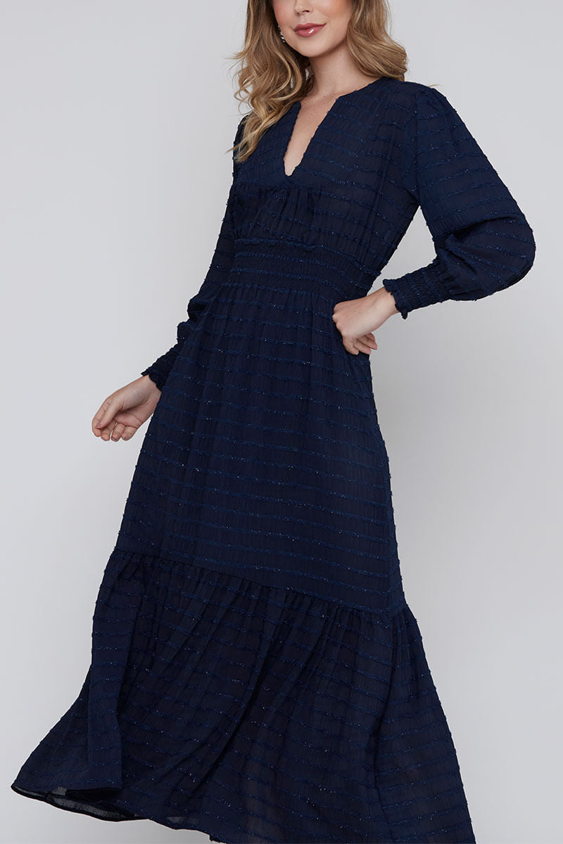 Vestido Decote V Manga Longa Azul Marinho