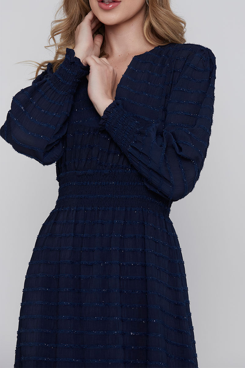 Vestido Decote V Manga Longa Azul Marinho
