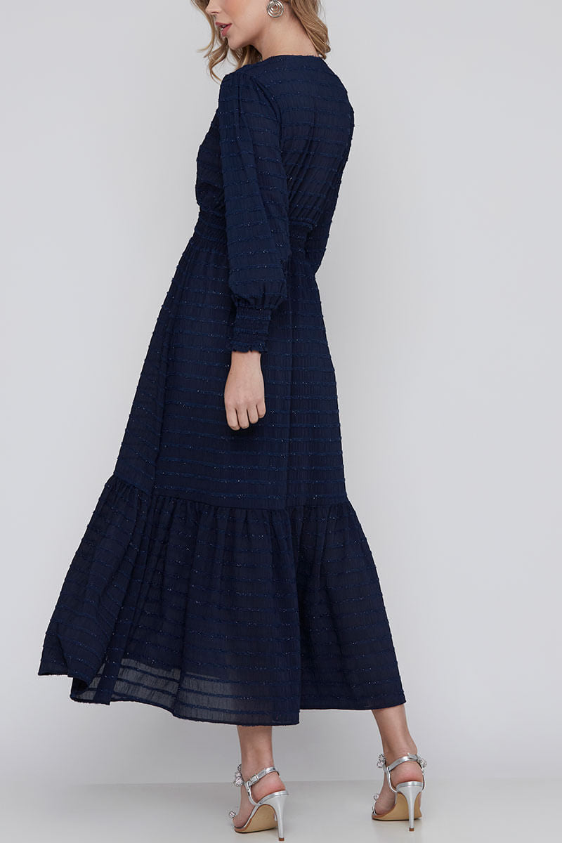 Vestido Decote V Manga Longa Azul Marinho