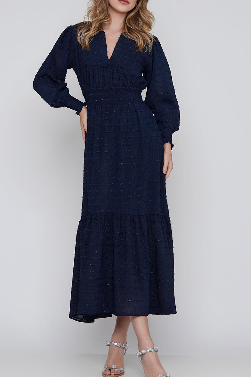 Vestido Decote V Manga Longa Azul Marinho