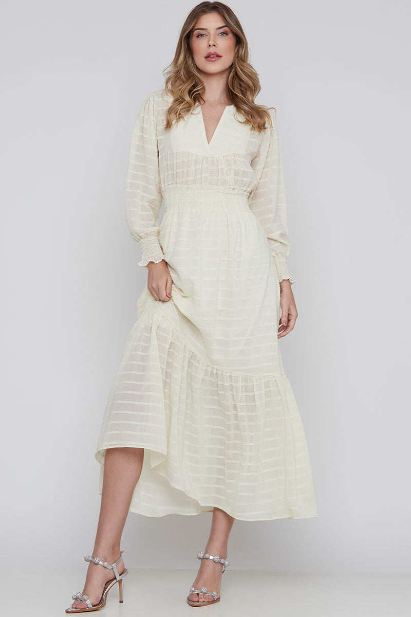 Vestido Decote V Manga Longa Perola