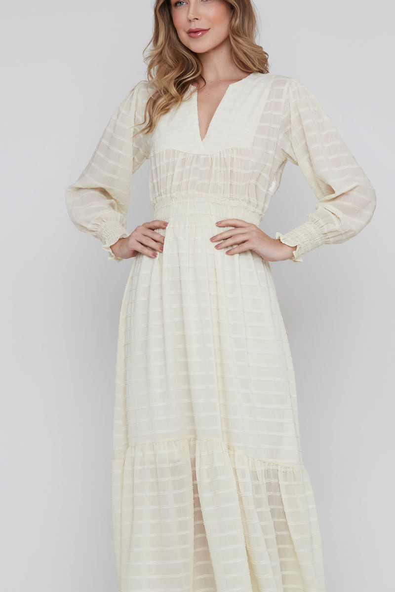 Vestido Decote V Manga Longa Perola
