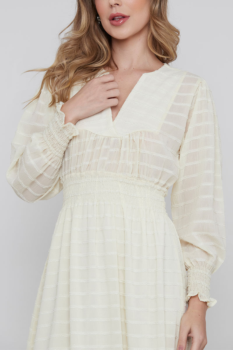 Vestido Decote V Manga Longa Perola