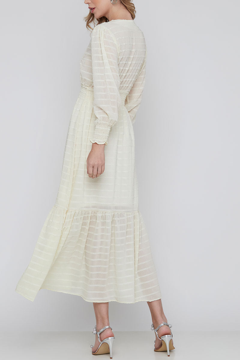 Vestido Decote V Manga Longa Perola