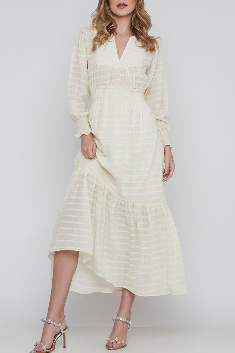 Vestido Decote V Manga Longa Perola