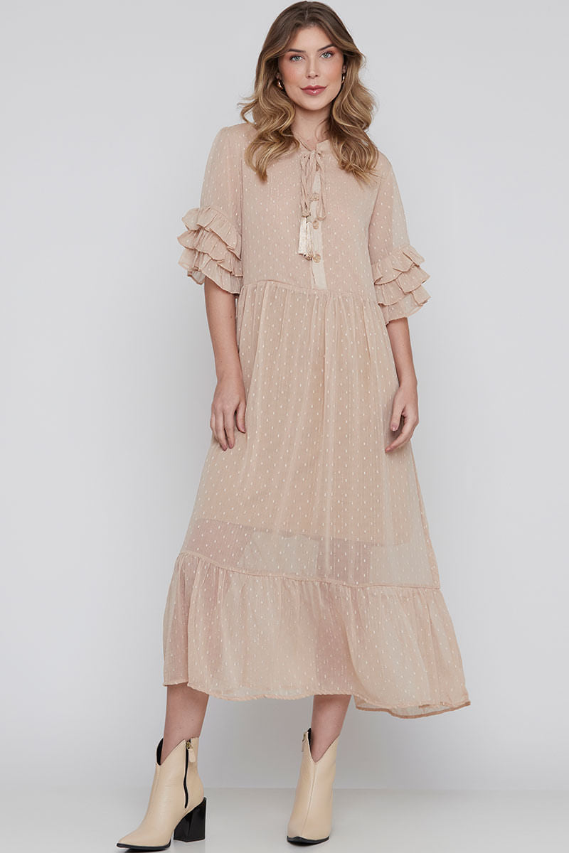 Vestido Fluido Lurex Longuete Areia