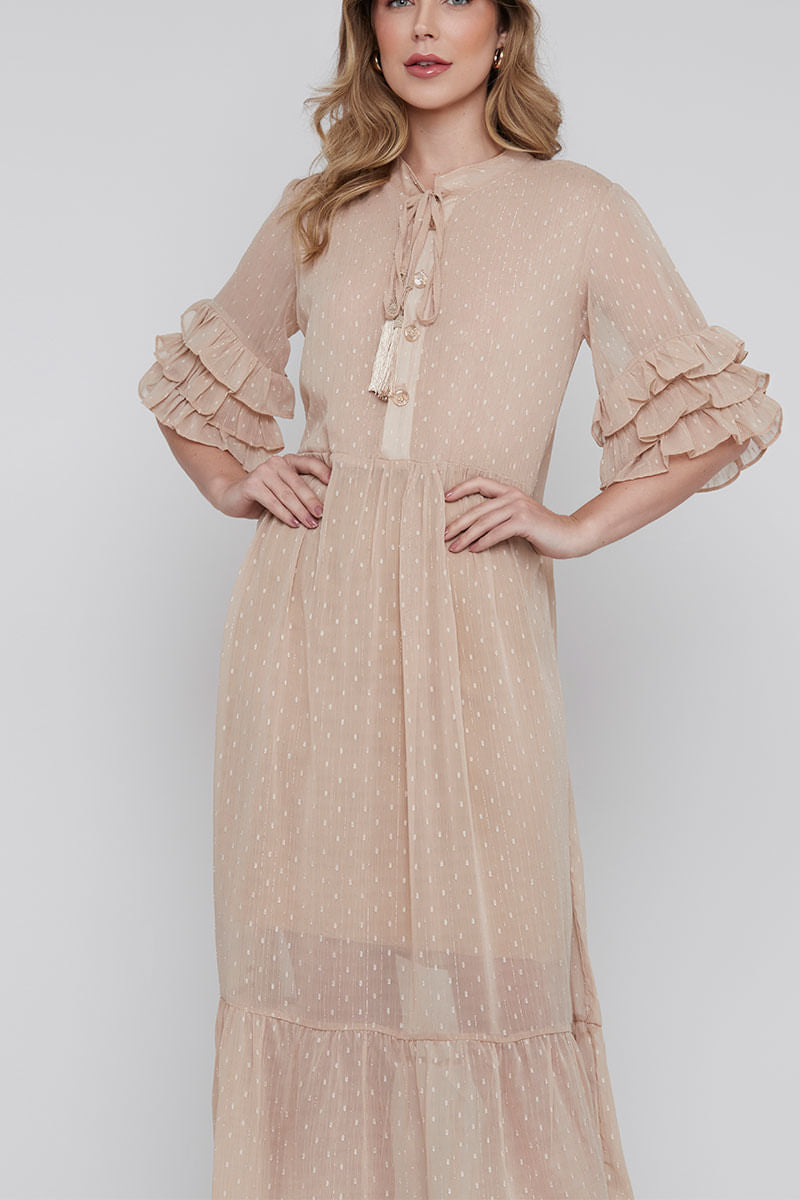Vestido Fluido Lurex Longuete Areia